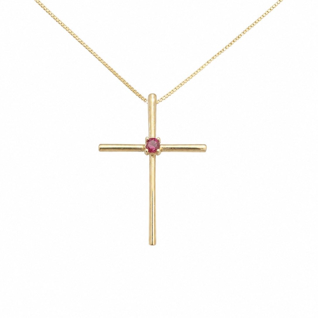 14K Gold Cross Necklace with Red Stone