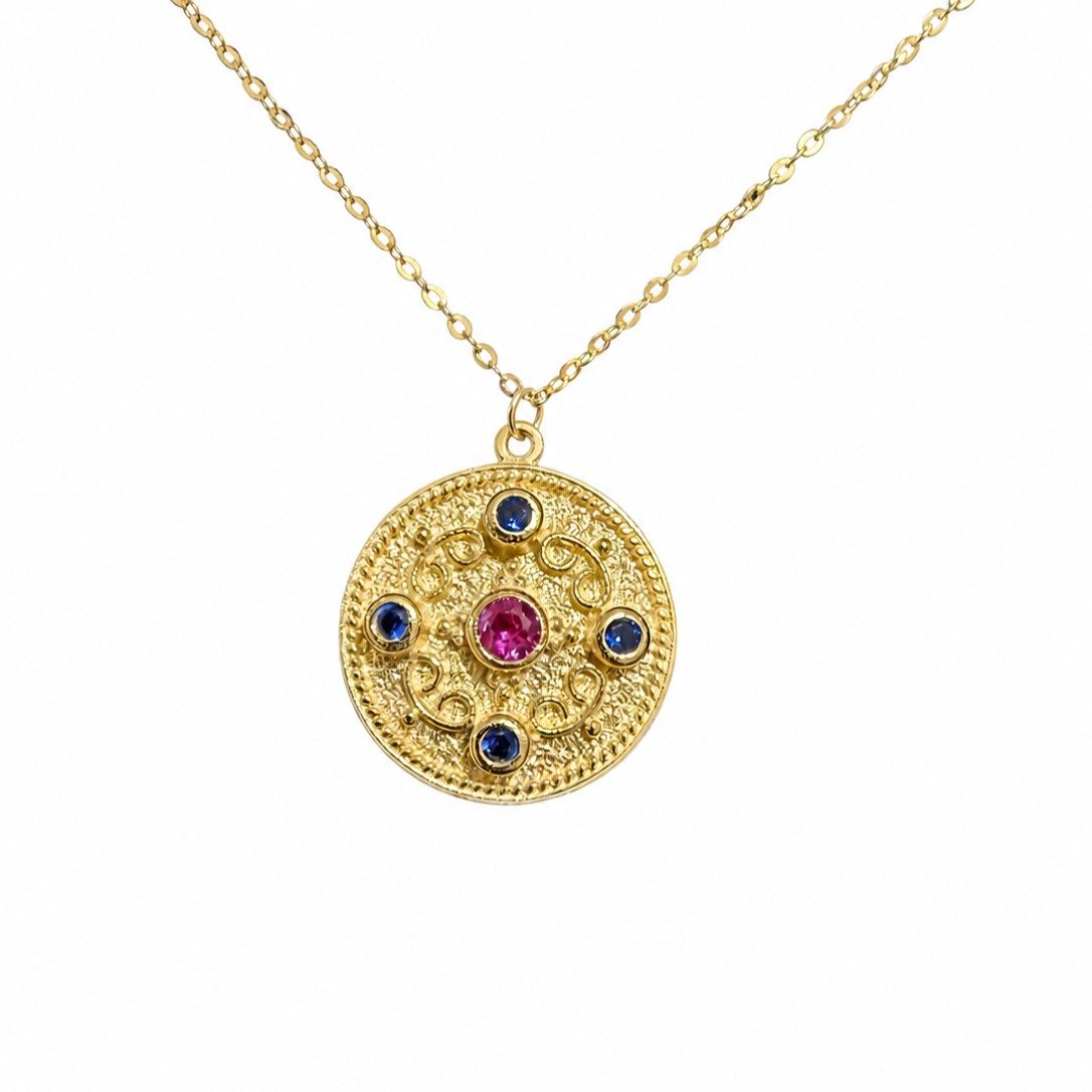 14K Gold Necklace with Colored Stones.