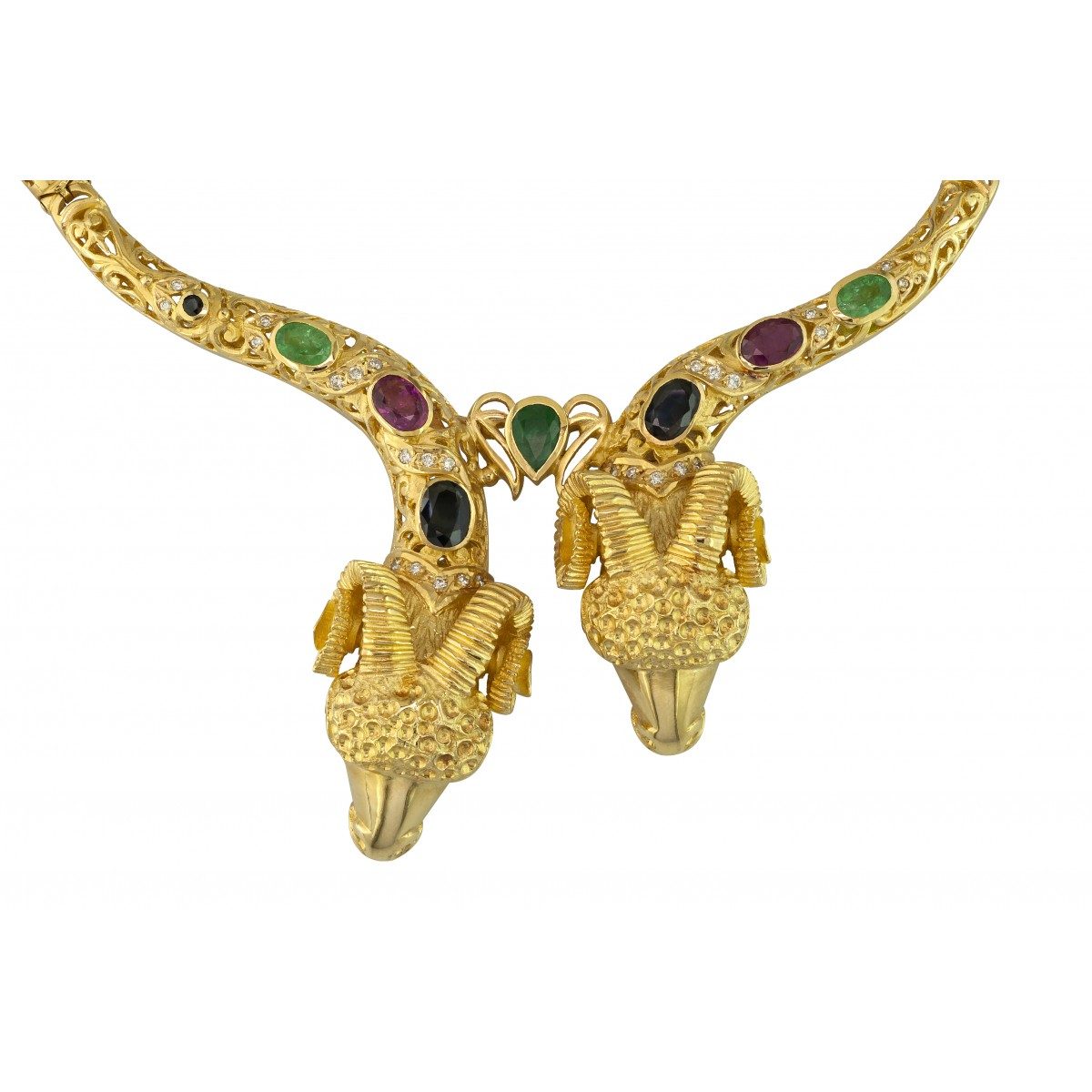 18K Gold Women Necklace with colorful gemstones.