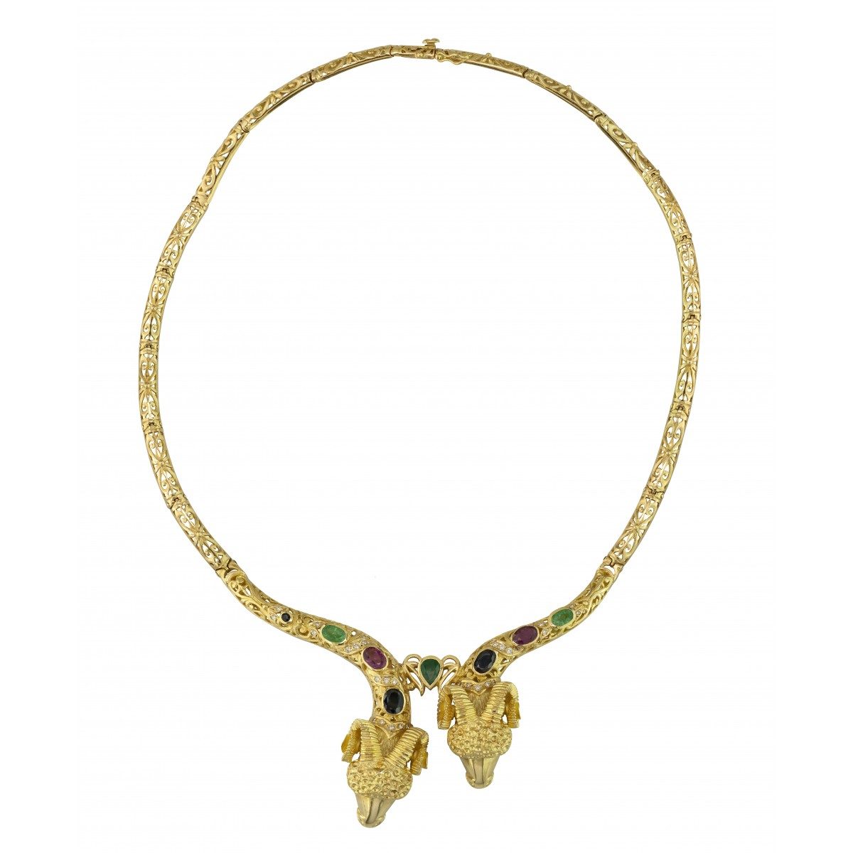 18K Gold Women Necklace with colorful gemstones.
