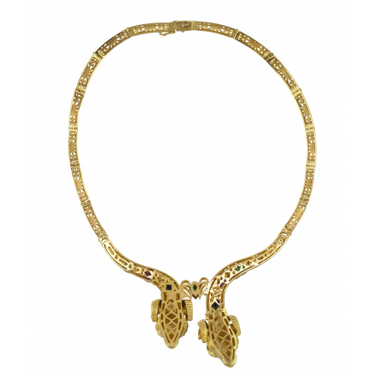 18K Gold Women Necklace with colorful gemstones.