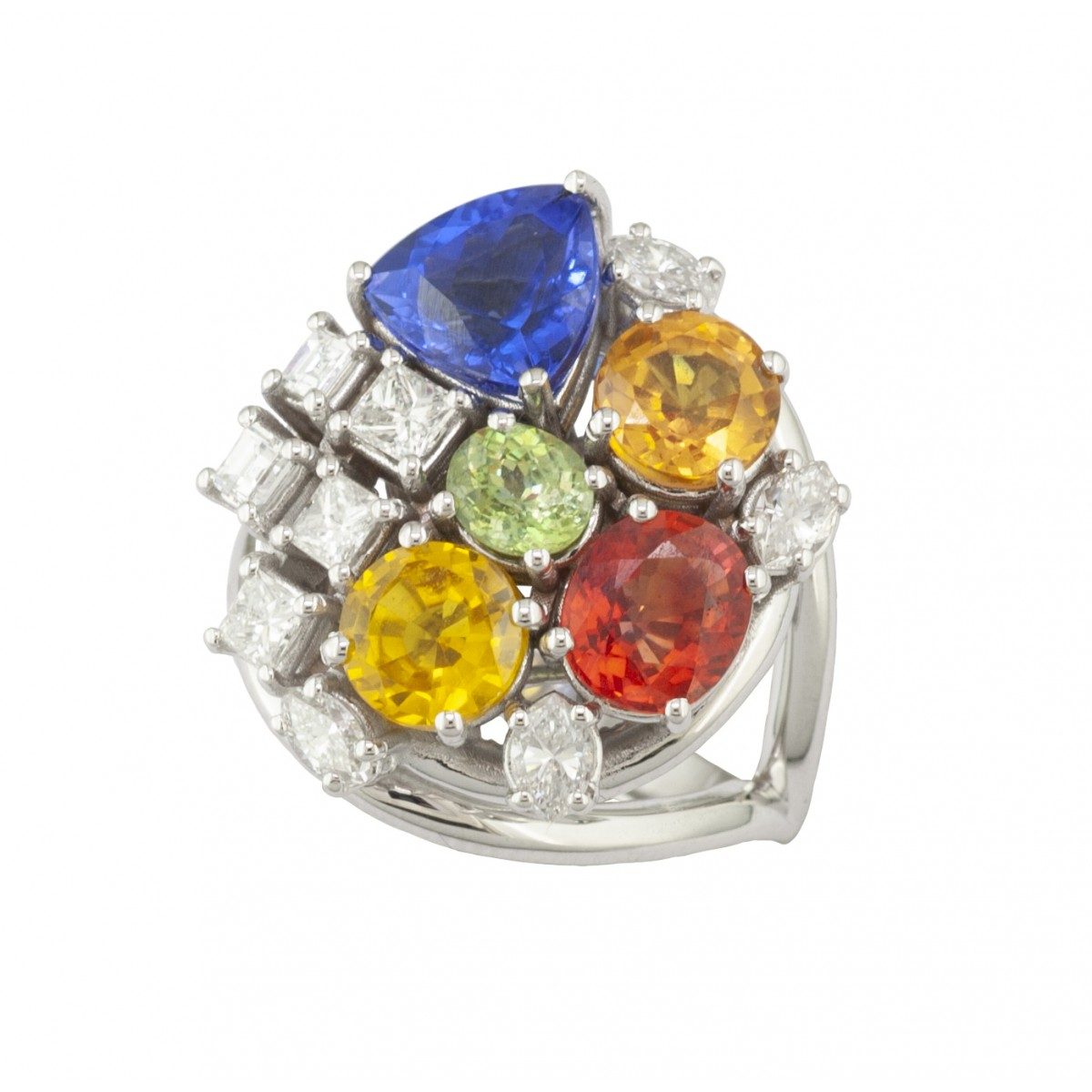 18K White Gold Women's Ring with Sapphires, Diamonds and Garnets