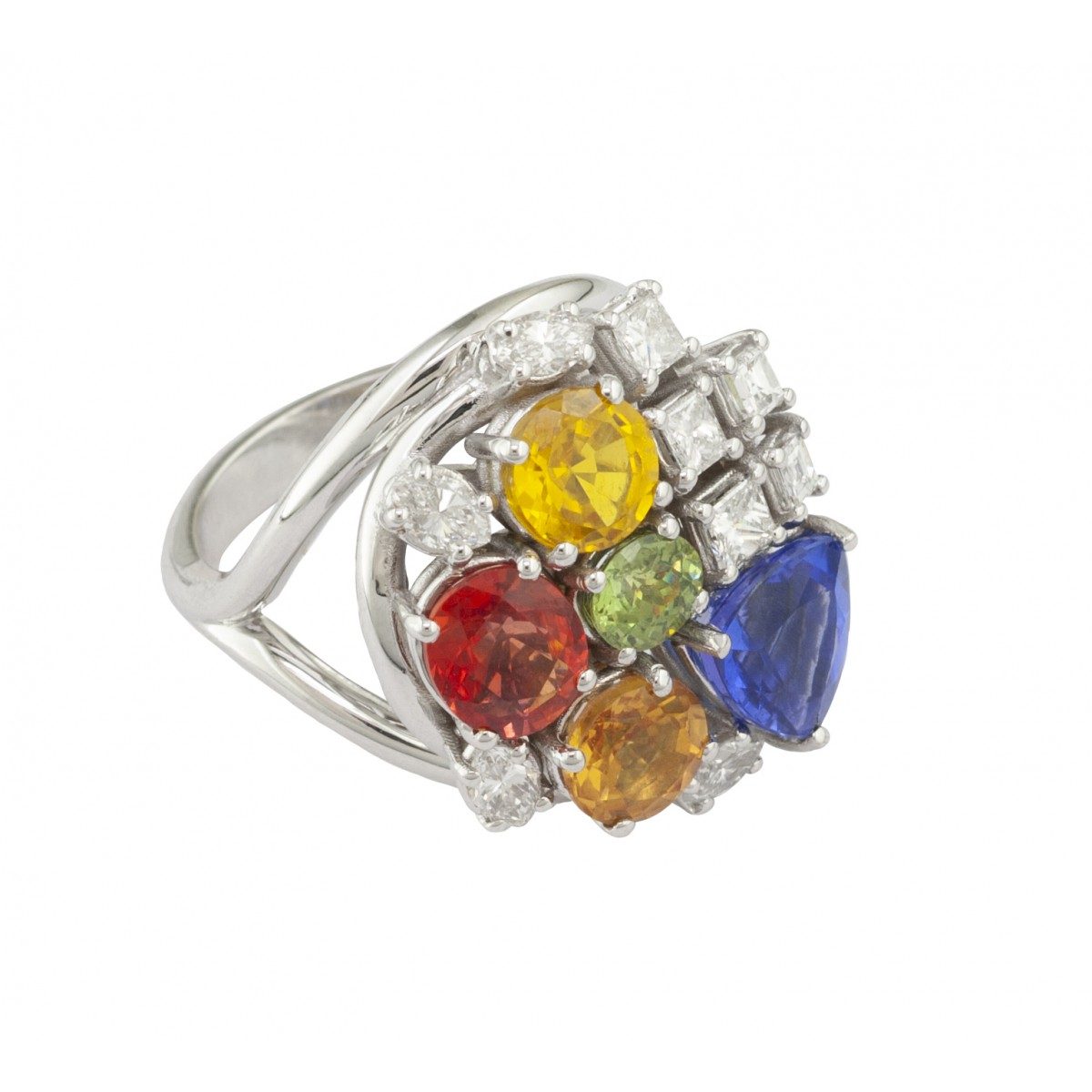 18K White Gold Women's Ring with Sapphires, Diamonds and Garnets